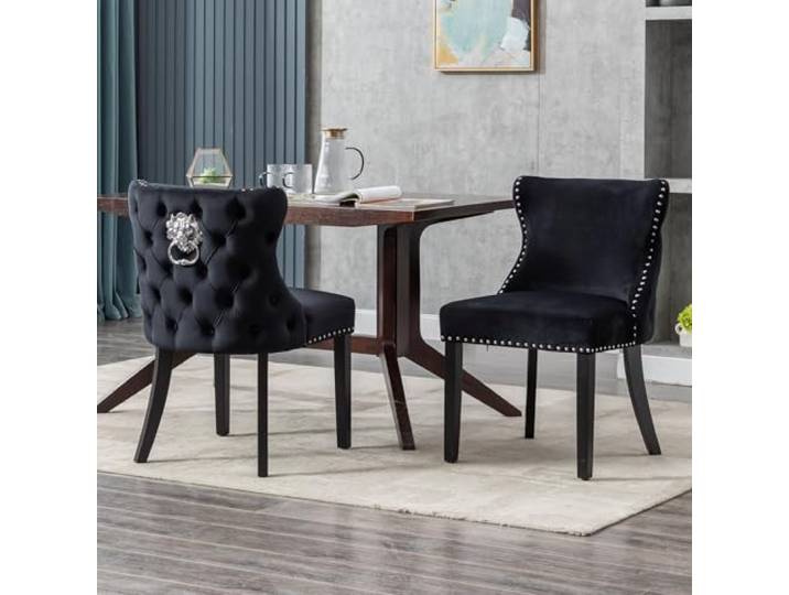 Ya-Home Samt Esszimmerstühle 2er Set, Küchenstuhl mit Löwenkopf-Dekor, Polsterstuhl mit Holzbeine für Esszimmer, Schwarz