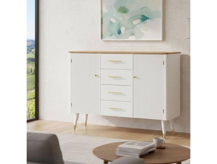 Dmora Sideboard Clement 117x37x90 cm Weiß, 4 Schubladen, 2 Türen