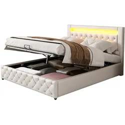 STILVORA Polsterbett 140x200 mit LED Beleuchtung und Stauraum Boxspringbett Optik Kunstleder Bettgestell mit Kopfteil Licht Weiß