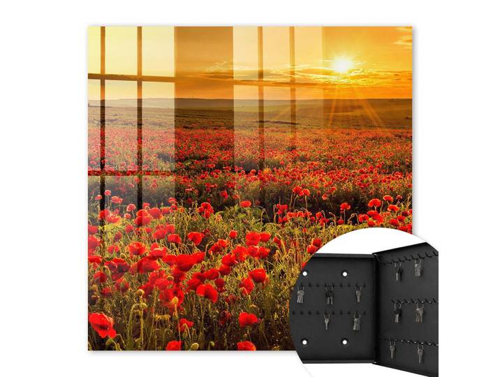 Tulup Schlüsselbox Schwarz 30x30 cm- Türöffnung nach rechts - Mohnfelder, Rot, Metall, Floral, Rechteckig, 30x30x5 cm, Garderobe, Schlüsselkästen & Schlüsselboards