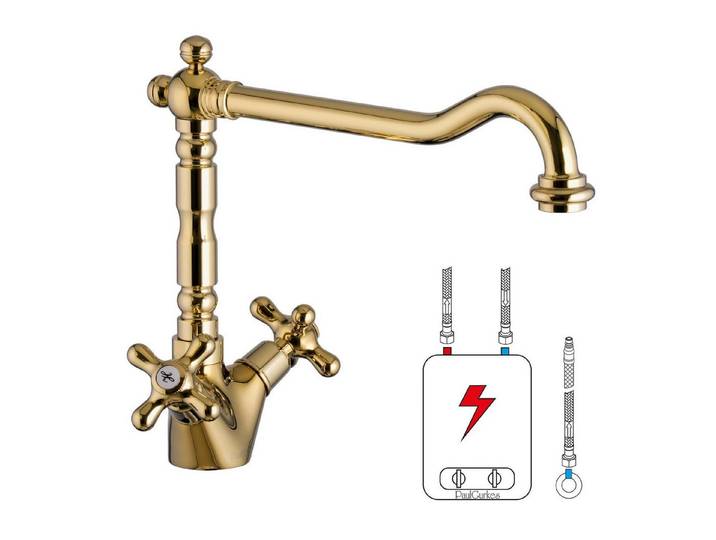 PaulGurkes Küchenarmatur Niederdruck, massiver Messingguss, Gold Hochglanz, 360° schwenkbar