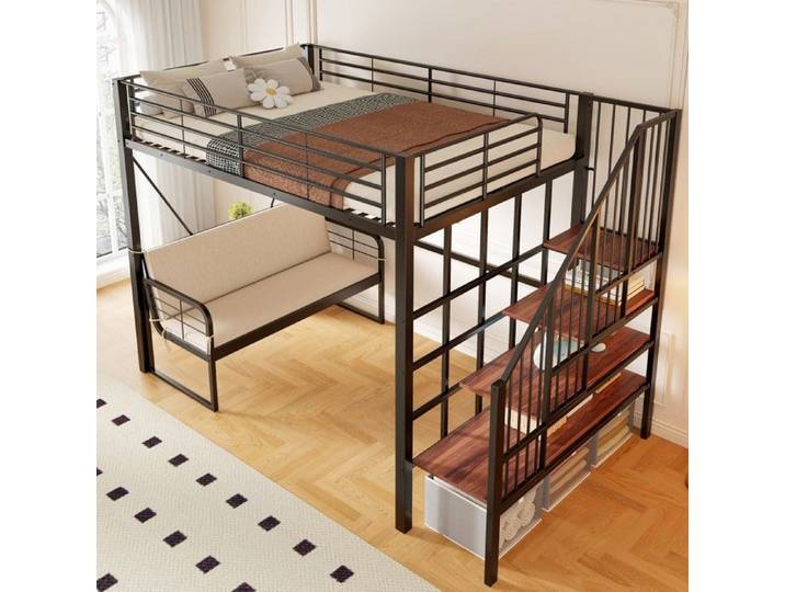 Etagenbett noir 140x200 cm avec canapé convertible et rangement cadre métal stable échelle sécurité