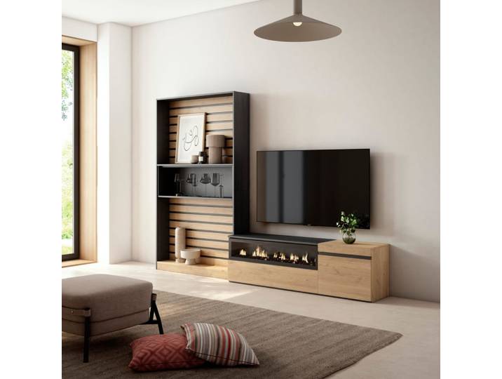 Ensemble tv effet bois de chêne noir 260x35x186cm cheminée effet feu