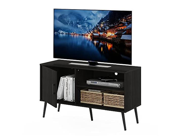 Furinno Claude TV-Ständer im Mid-Century-Stil mit Holzbeinen, einem Schrank und Zwei Regalen, Espresso