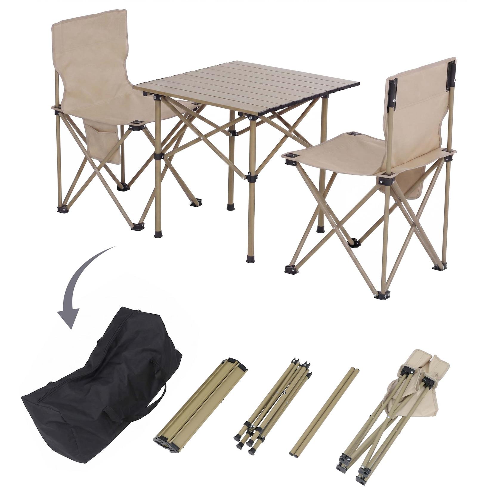 Campingset MCW-Q39, Tisch 2x Stuhl Klappstuhl Anglerstuhl faltbar, Metall Stoff ~ creme