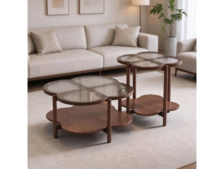 YHTCSXMD Moderner Wohnzimmertisch, Wolkenform, Massivholz und Glasplatten 60/80 cm, vierblättrige Kleeblattdetails, flexibel stellbar für Getränke und Bücher in Wohnzimmern und kleinen Räumen