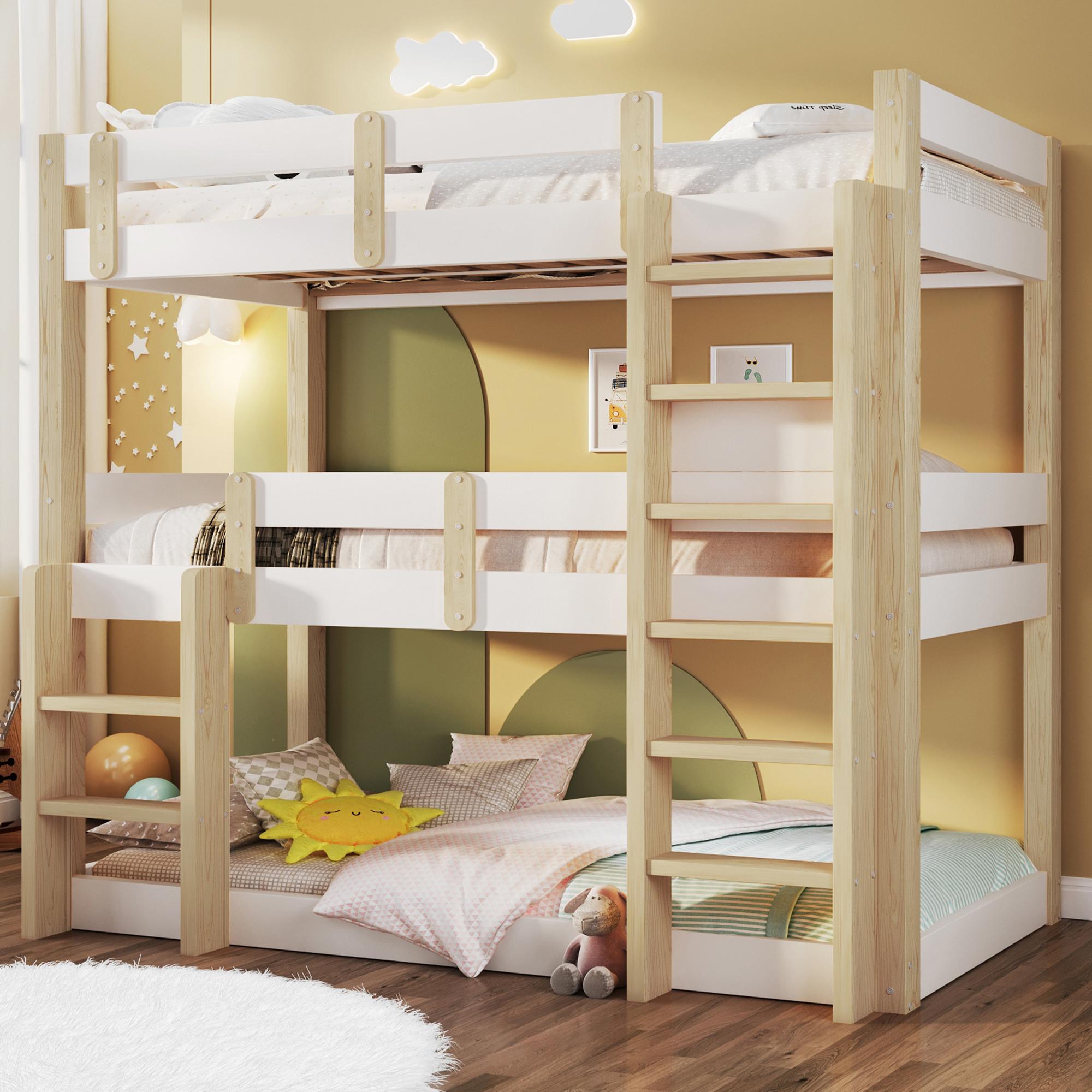 Merax Etagenbett 90x190 cm, Dreifach-Etagenbett aus Massivholz, Hochbett, Kinderbett, Jugendbett, mit Leiter und Schutzgitter, Weiß+Natur