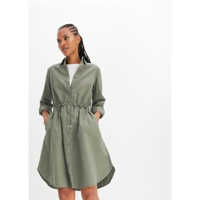 Midikleid BONPRIX "Hemdblusenkleid aus Leinen-Baumwoll-Mix", Damen, Gr. 48, N-Gr, Langarm, grün (oliv), Obermaterial: 55% Leinen, 45% Baumwolle, A-Linie, Kleider Midikleid, für lässigen Look, aus Leinen-Baumwoll-Mix, in A-Linie, mit Taschen