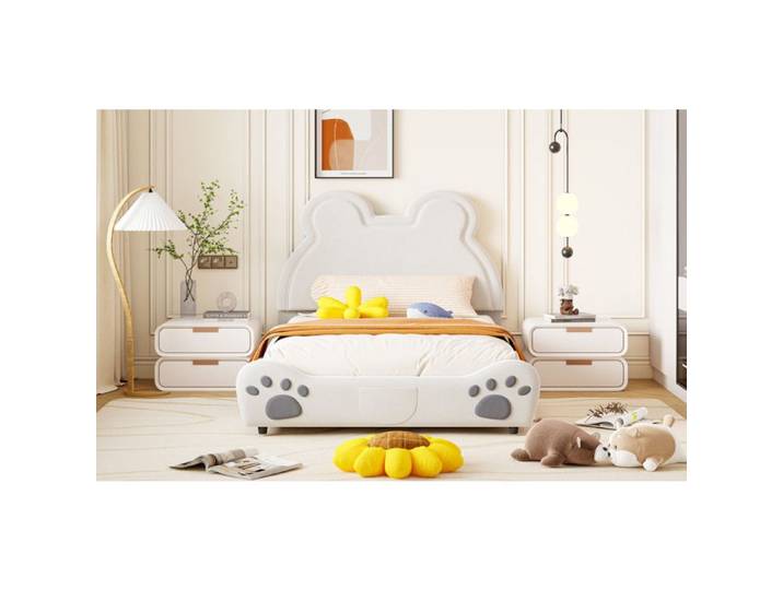 Lit enfant rembourré en forme d'ours - Blanc - Velours doux - 140 x 200 cm
