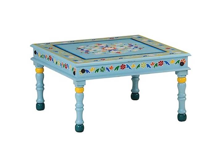 LASWWQMRF Couchtisch Massivholz Mango Handbemalt Türkis Sofatisch Kunstvoller Beistelltisch aus Mangomassivholz für Wohnzimmer und Lounge mit buntem Baukunst-Muster und robuster Ablage.