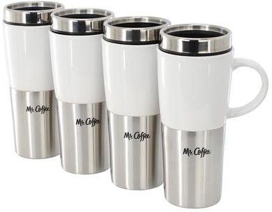 Mr. Coffee Travertine 4 Piece 16 Ounce Stoneware and Stainless Steel Travel Mug With Lid in White