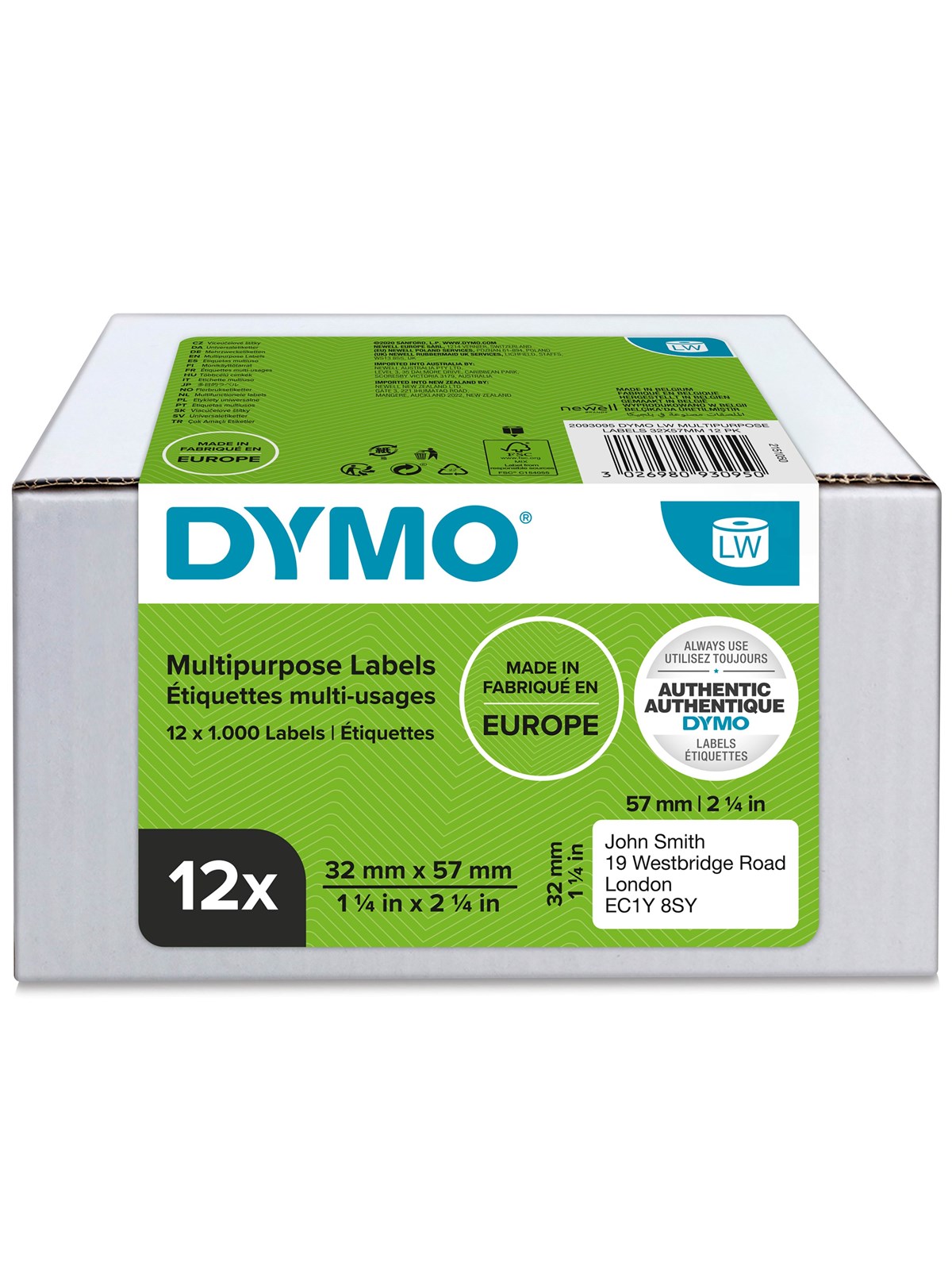 DYMO LabelWriter Mehrzwecketiketten | 32 mm x 57 mm | 12 Rollen mit je 1.000 leicht ablösbaren Etiketten (12.000 Etiketten) | selbstklebende Etiketten