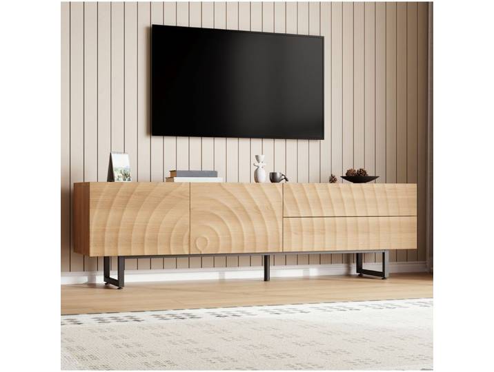 Meuble TV bas 180x38x51 5 cm avec portes et 2 tiroirs passe-câbles pieds métal bois naturel