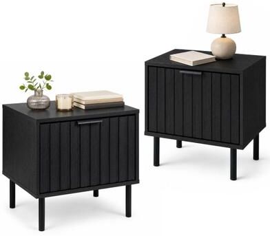 Costway Set of 2 Black Modern Nightstand with Vertical-Striped Storage Drawer-Black
