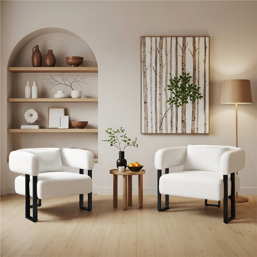 Yaheetech 70.5cm Wide Upholstered Barrel Chair, Boucle Accent Chair with Lumbar Pillow White 69.5cm H X 70.5cm W X 61cm D