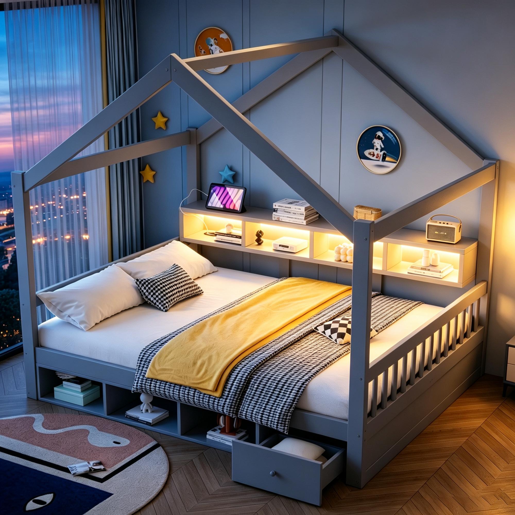 Merax Kinderbett Holzbett 140x200cm mit Dachrahmen, Hausbett mit Schubladen, Stauraum, Sicherheitsgitter, LED-Beleuchtung und Steckdose, Grau