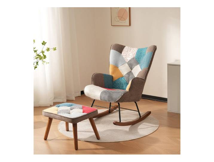 IDEASY Schaukelstuhl Buntes Patchwork-Schaukelstuhl-Set, Stillsessel mit Hocker Ohrensessel, Massivholzbeine, 90 kg belastbar, ideal zum Entspannen und Lesen