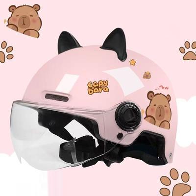 Multisell Products Hub Breathable Sunscreen Motorcycle Half Helmet, Capybara Sticker Electric Bicycle Helmet With Cat Ears pink Lenses
