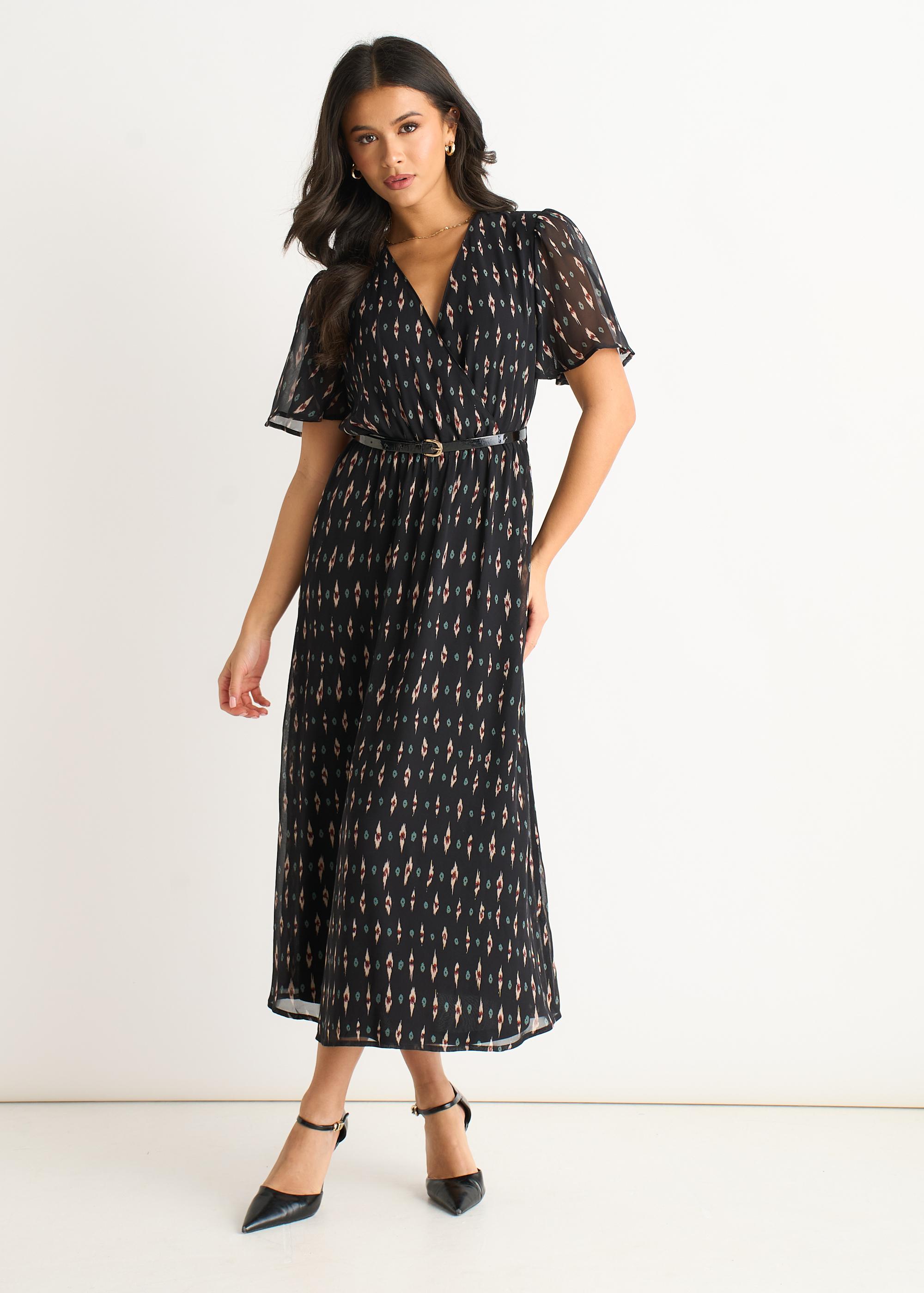 Schwarzes Midikleid aus Seide mit geometrischem Muster