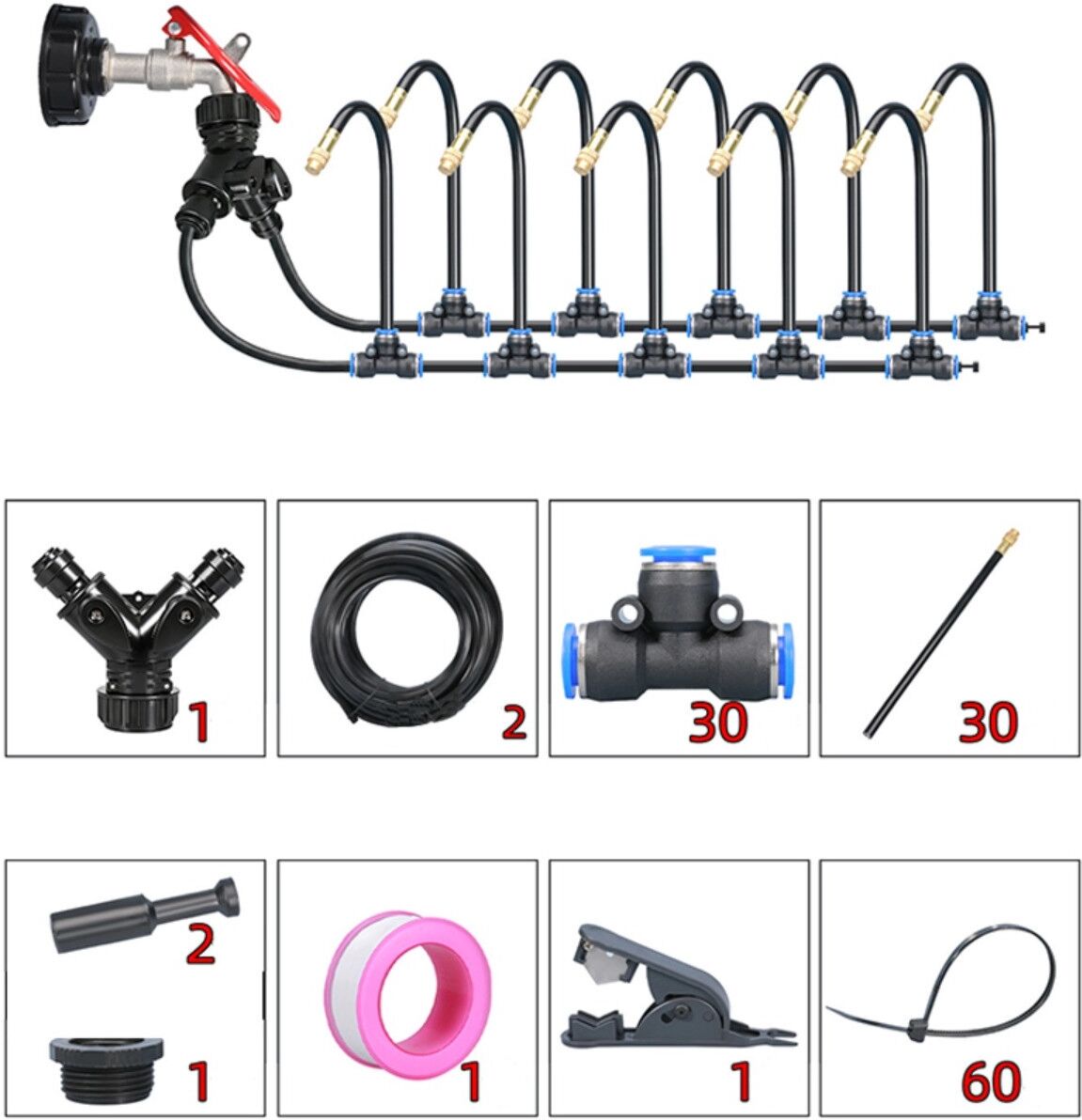 INF Kit d'arrosage en Y 15m - Buses de brumisation 360° réglables, tuyau flexible PE