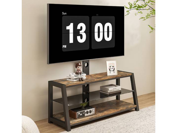 Support TV pivotant en bois brun avec verre trempé, réglable en hauteur avec support mural, console de rangement multimédia multifonctionnelle