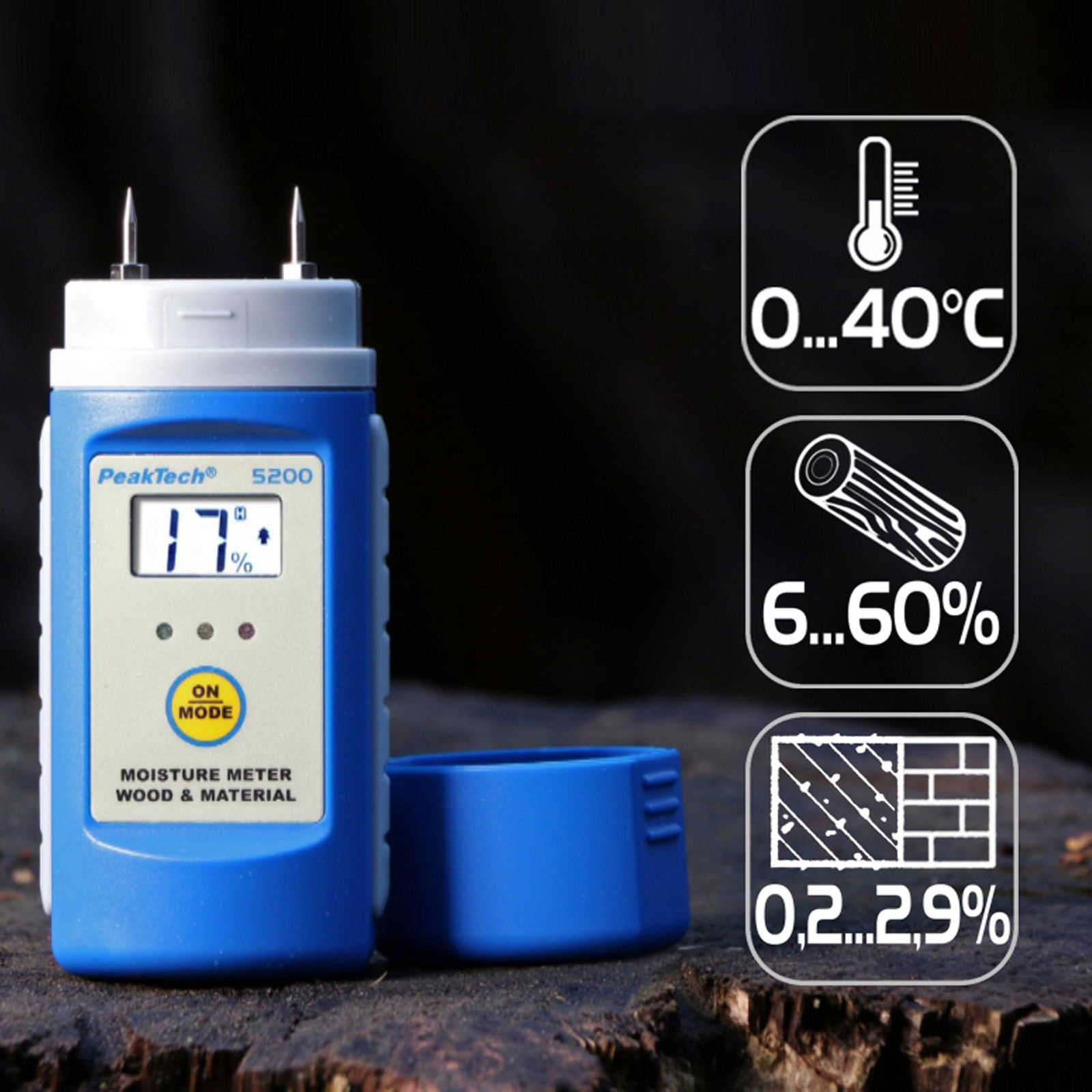 PeakTech P5200 vochtmeterset voor hout en materialen met 2-polige meetsonde