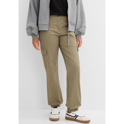 Cargohose BONPRIX, Damen, Gr. 36, N-Gr, beige (oliv), Web, Obermaterial: 97% Baumwolle, 3% Elasthan, loose fit lang, Hosen Cargohose, aus Baumwolle mit Elasthan, lockere Passform, mit Bequembund