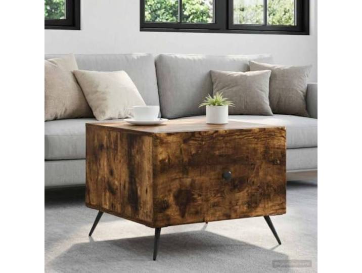 pokgdf Couchtisch Räuchereiche 49 x 50 x 40 cm Holzwerkstoff mit Schubladen Vintage-Stil, beschichtete Oberfläche, konische Beine, pflegeleicht, Wohnzimmer