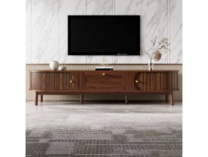 QQJIN Massiver TV-Tisch 170cm mit Schubladen und Goldgriffen Walnuss TV-Board Aus Massivholz mit Schiebetüren, Offenem Fach Und Stabilem Holzbeinen, Für Wohnzimmer Schlafzimmer Flur