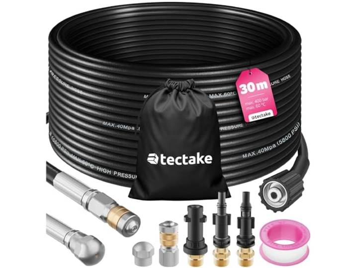 tectake® Rohrreinigungsschlauch 2x Rohrreinigungsdüse, Rohrreiniger Abflussreiniger für Hochdruckreiniger, Rohrreinigung für Abfluss, Abflussrohr, Kanalreiniger, Toilettenreiniger (30m)
