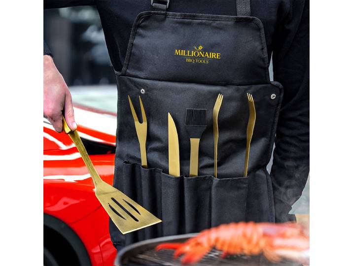 MikaMax Millionaire BBQ Tools - 5-delige Gouden BBQ Set met Case / Schort
