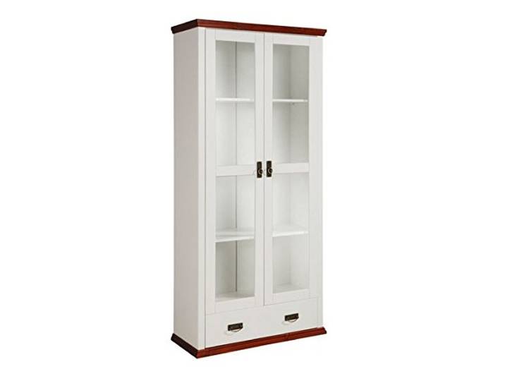 clever-moebel Glasvitrine, Weiß/Kirschbaumfarben, 88x37x190 cm Vitrinenschrank, Kiefernholz, Lackiert, Wohnzimmer-Schrank