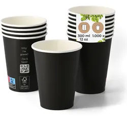 BIOZOYG 1000 Stück Einwegbecher 300ml / 12oz Pappbecher Einmalbecher schwarz bedruckt Kaffee Heißgetränke Recycling biologisch kompostierbar