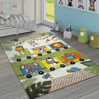 Paco Home Nursery Rug Cute Jungle Animals Locomotive Kids 3D Effect Green Cream