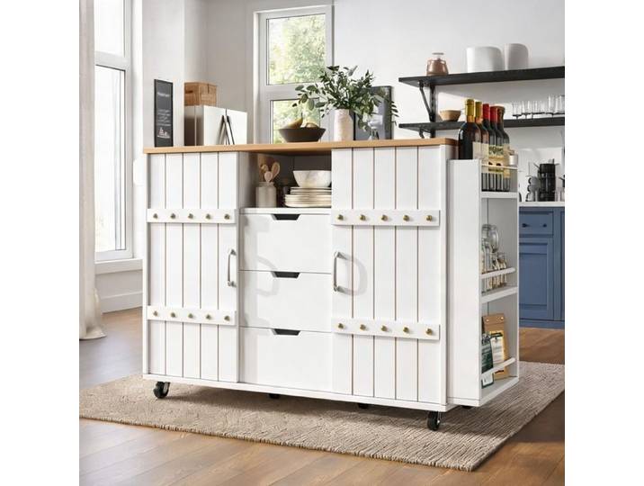 Îlot central en MDF blanc avec table pliante et rangements Soft White 110x42x90 cm