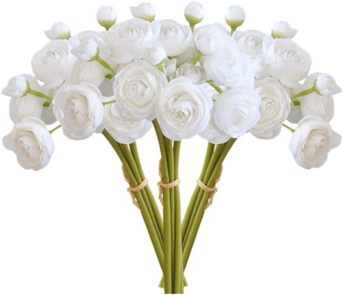 Allecto Plus 18-delige Set Mini Zijden Ranunculus Kunstbloemen - Wit - 28 cm