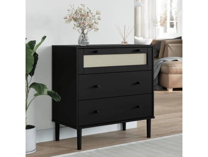 HKQWPBF Schubladenkommode SENJA Rattan-Look Schwarz 80x40x80 Kiefernholz Massives Kiefernholz, 3 Schubladen, Polyrattan-Flechtfront, UV-Lackierung, Retro-Boho-Stil