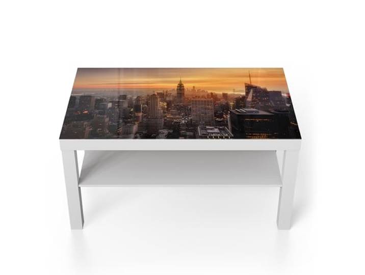 DEQORI Glastisch weiß groß 90x50 cm Motiv Goldene Stadtsilhouette ausgefallener Beistelltisch aus Glas Hochglanz Couchtisch fürs Wohnzimmer moderner Couch Tisch mit Design