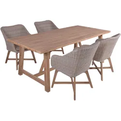 Garden Pleasure Gartenmöbel Set OAKLAND 12, Tisch 200 x 100 + 4 Sessel, Akazie / Polyrattan Zimtbraun / Kissen 100 % Polyester Taupe