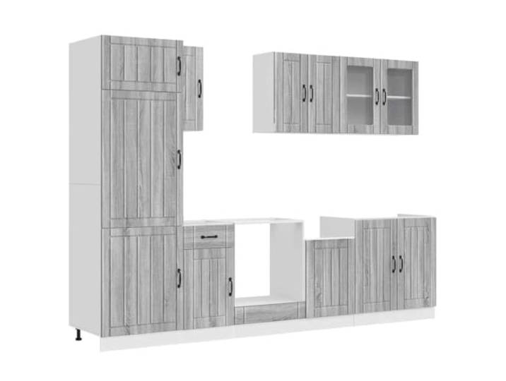 fsahslih 8-TLG. Küchenschrank-Set Kalmar aus Holzwerkstoff, Grau Sonoma Modulares 8-teiliges Möbel-Ensemble mit Glaselementen für den Kochbereich, bietet viel Stauraum und verstellbare Füße.