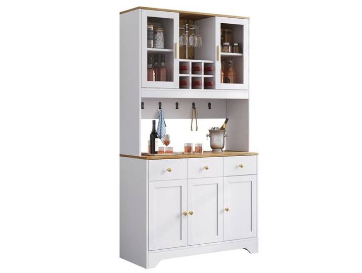 Buffet Haut Veinure Bois Blanc 94.5x30x175.5cm- Meuble Élégant pour Salon et Salle à Manger