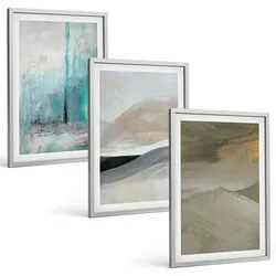BILDER SET 3er Set - 40x60 cm Silberner Rahmen - Gemalte abstrakte Dekorationen