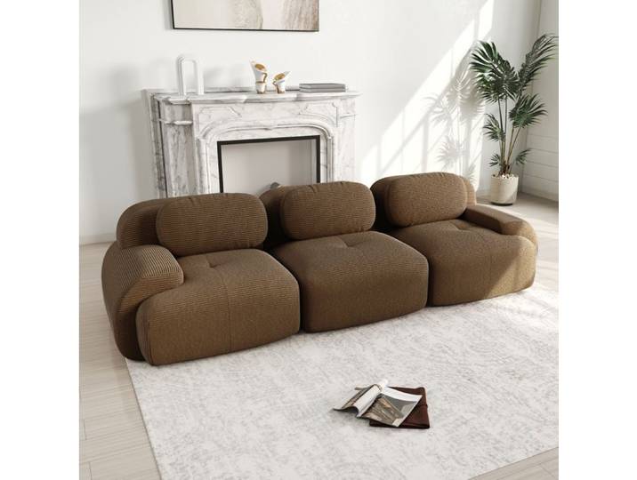 Canapé d'angle modulaire marron en tissu côtelé sans montage