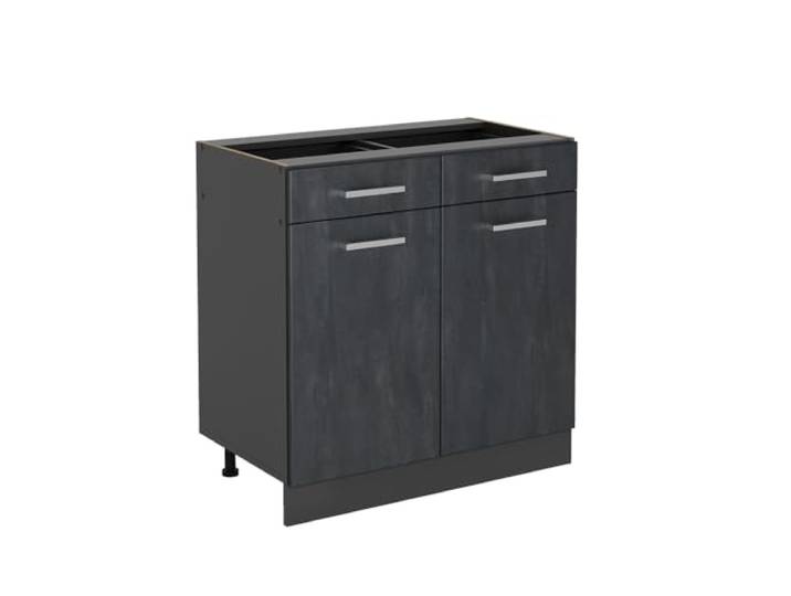 Vicco Küchenunterschrank R-Line, Schwarz Beton, 80 cm 2 Schubladen · Ohne Arbeitsplatte · Höhenverst. Füße · 2 Türen · Leichter Zugriff