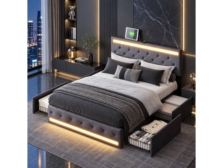 Lit Complet Double 160x200cm avec LED Lit Coffre avec 4 Tiroirs Lit double avec Multiprise cadre de lit adulte Lin Gris