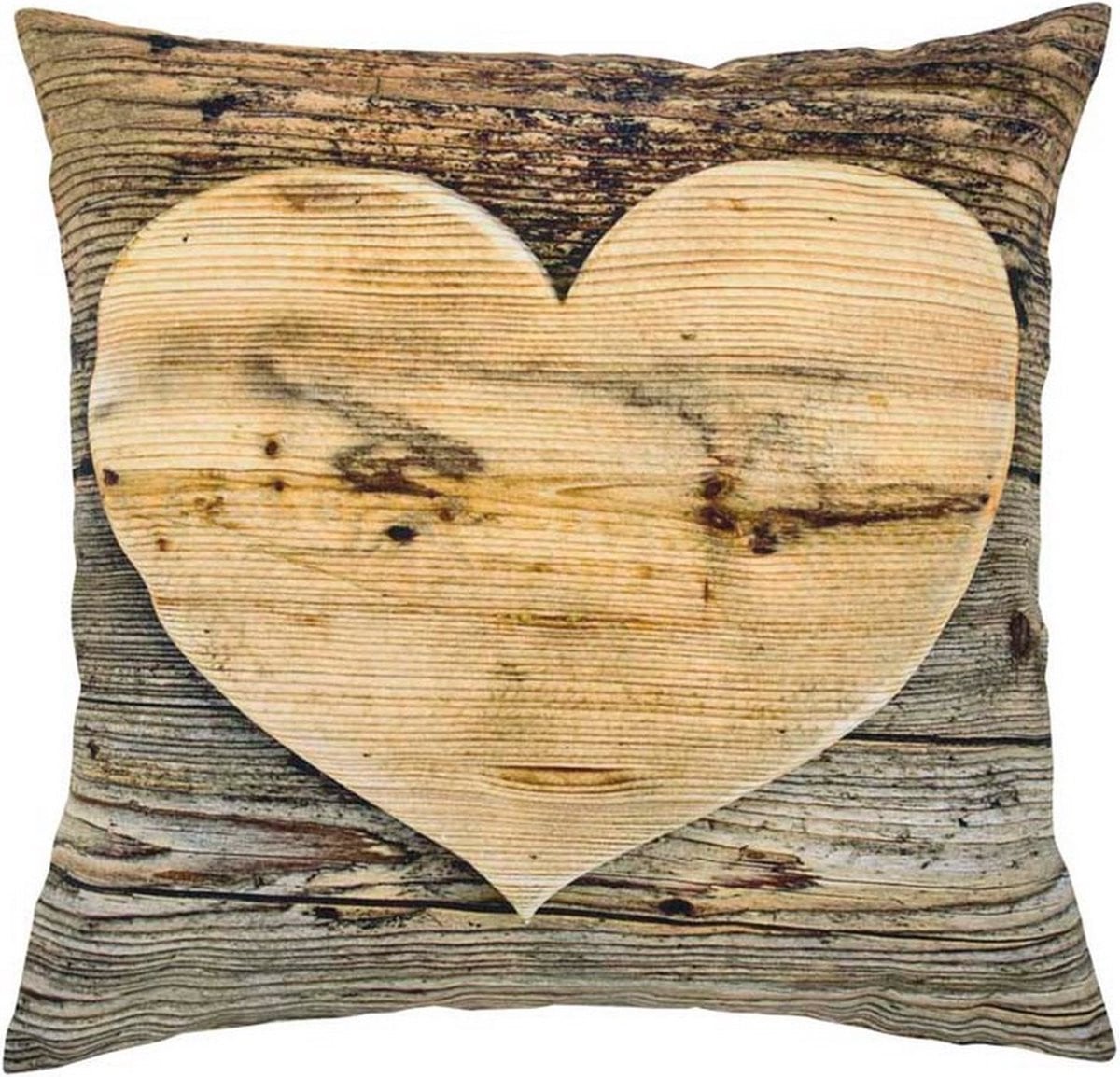 Mars & More Canvas kussen met houten hart dubbelzijdig B/D/H: 33 x 33 x 33 cm