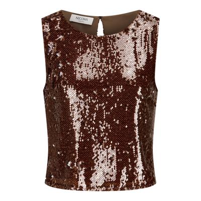 Shirttop NICOWA "TOSKALO", Damen, Gr. 36, braun, Obermaterial: 98% Polyester PES. 2% Elasthan EL., uni, regular fit, Rundhals, Tops Shirttop, funkelnden Paillettenmaterial