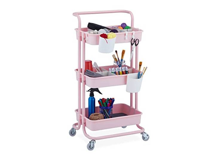 Relaxdays Desserte à roulettes\, 3 Niveaux\, 2 Freins\, Multi-Usage pour Cuisine et Bureau\, métal\, HLP : 86x43x42cm\, Rose