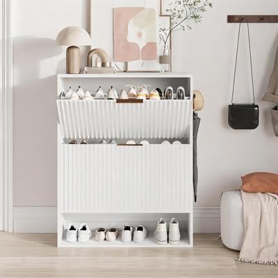 Garvee White Fluted Shoe Cabinet 31.5 In with 2 Flip Drawers MDF