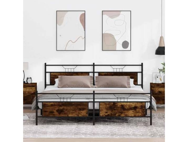 Stabiles Stahlgestell mit Lattenrost Schlafzimmer 193x201 cm Braun Metallbett ohne Matratze Räuchereiche 193x203 cm Stahlgestell mit Lattenrost Stauraum Bettgestell für Schlafzimmer
